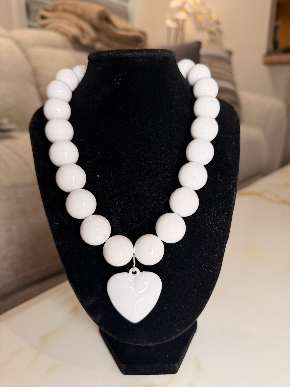 White Beaded Heart Pendant Necklace - Women Jewelry